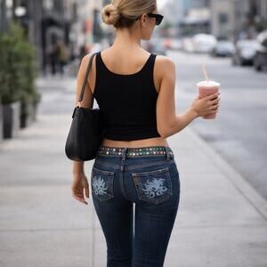 Vintage Y2K PAIGE Celebrity Hollywood Hills Blue Flare Embroidered Jeans